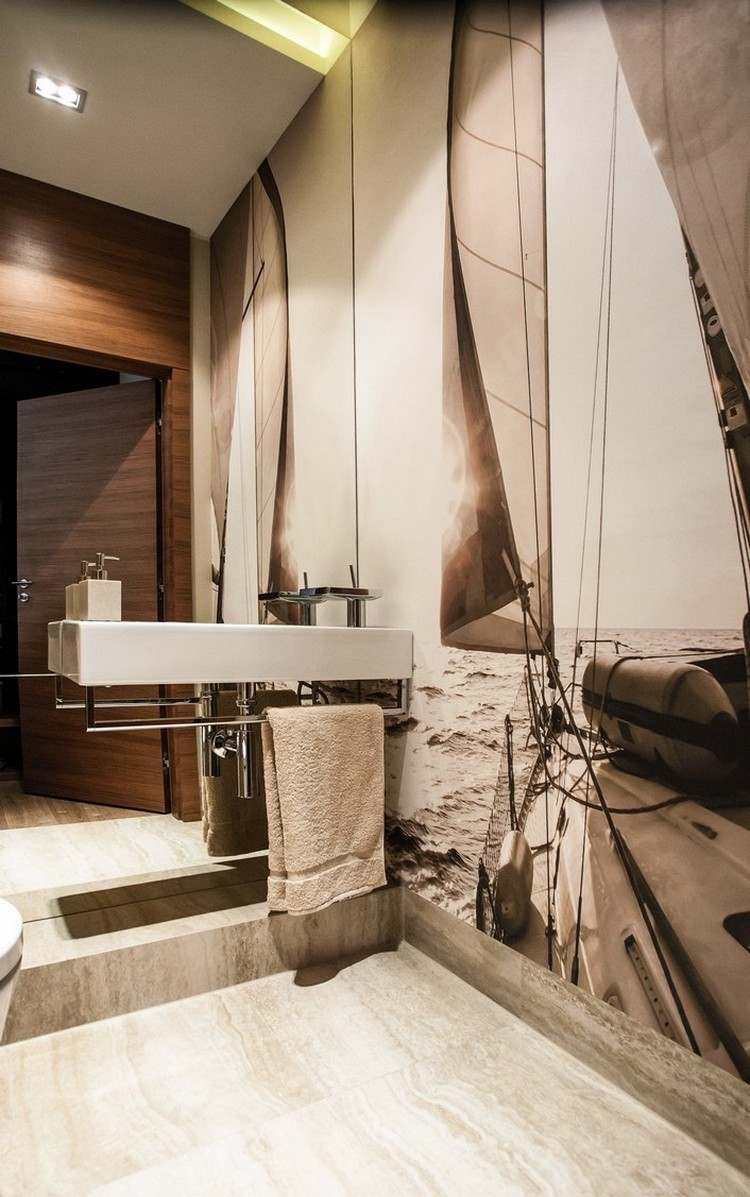 Fototapet design badeværelse-sejlbåd-brun-farvet spejlvæg