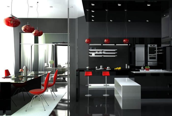 Röda hängande lampor i ett svart kök