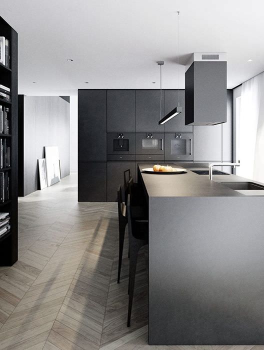 Минималистичен черно -бял кухненски дизайн