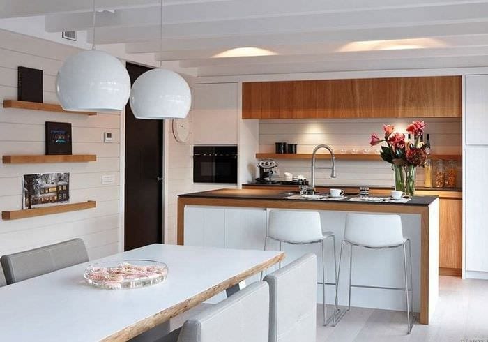 bucătărie design sufragerie alb și lemn