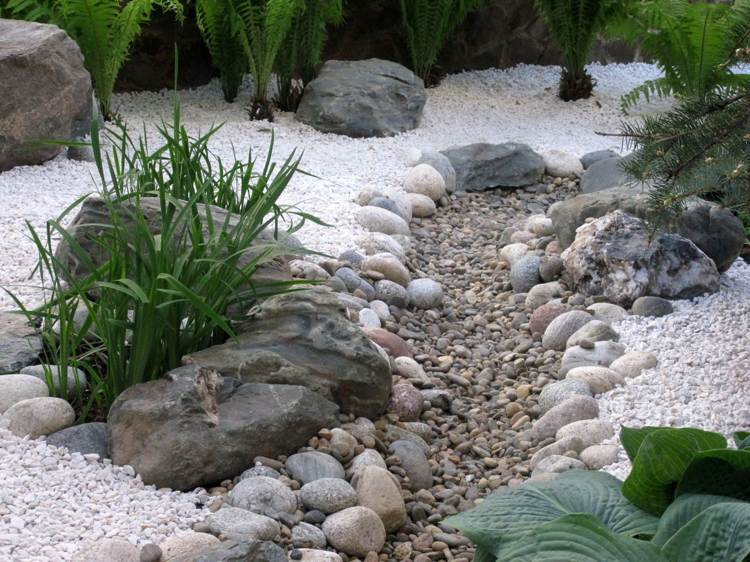 Trockenbach japansk havedesign forskellige typer stenplanter