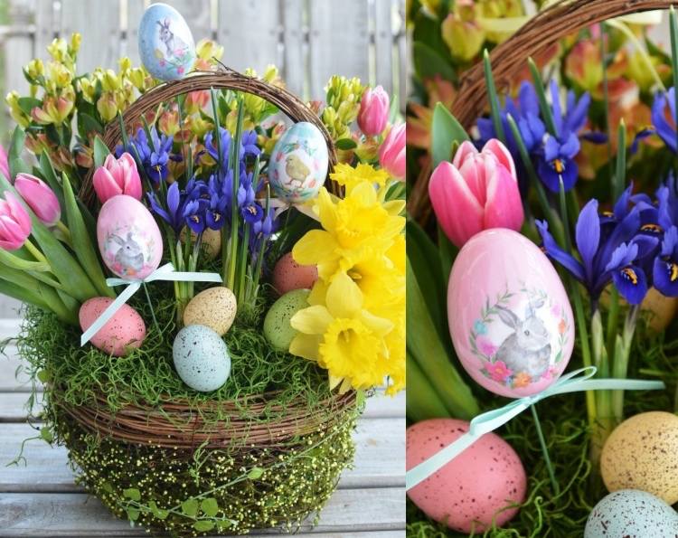 Lav dit eget tulipanarrangement i en påskekurv med violer og påskeæg