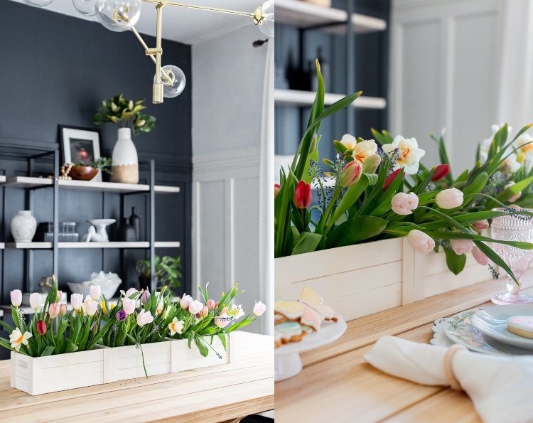 Lav dine egne tulipanarrangementer i en trækasse, arranger forårsblomster på påskebordet