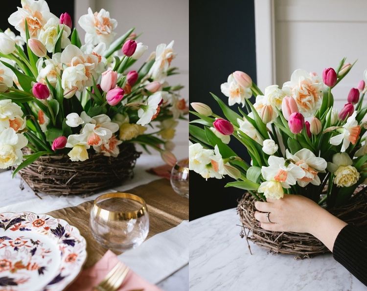 Lav selv forårspynt med tulipanarrangementer i kurven