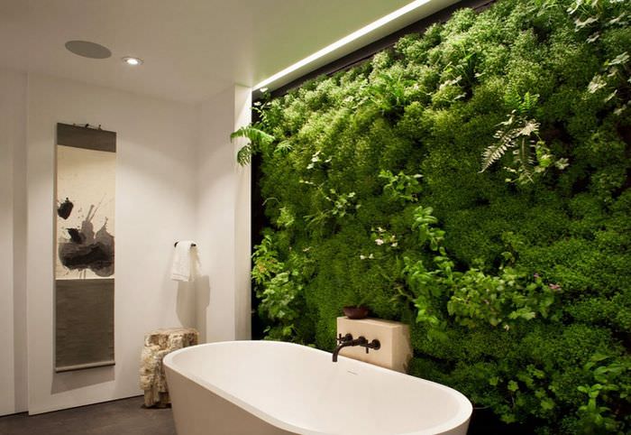 Phytowall på badet laget av mose og andre grønne planter