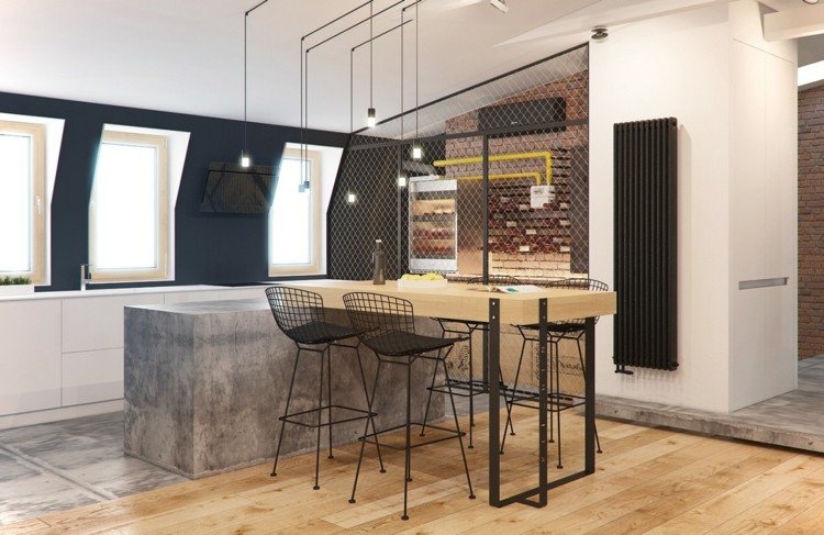 Vælg et betonudseende til et køkken i industriel stil, og kombiner det med sort metal