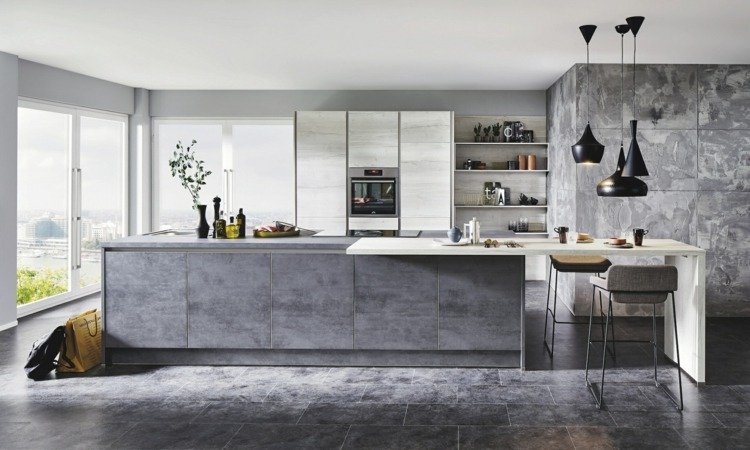 Minimalistiske møbler efterligner natursten og beton i køkkenet
