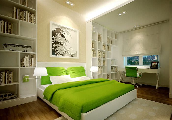 Grønt sengetæppe på hvidt seng