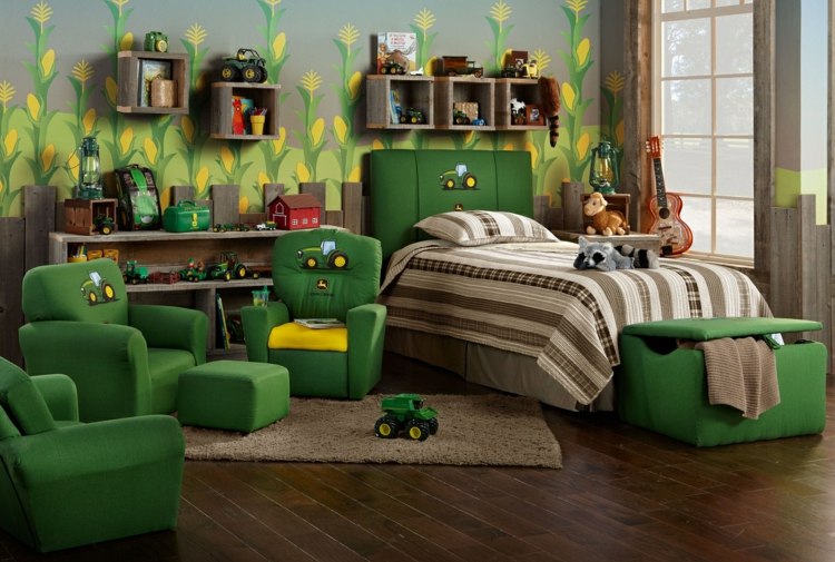 vægmaling til børneværelser legende design grønne møbler sengetøj beige tæppe