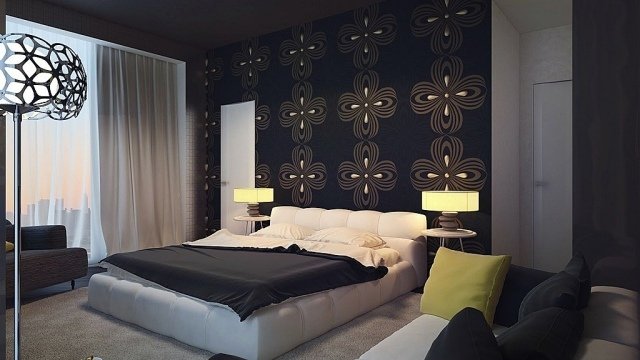 Levende-ideer-moderne-soveværelse-farver-tapet-mønster-sort