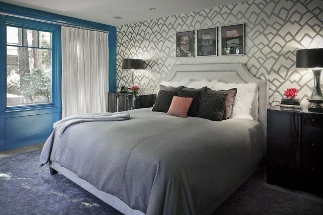 Vægfarver-soveværelse-indretning-motiv-tapet-vindue-væg-blå-malet