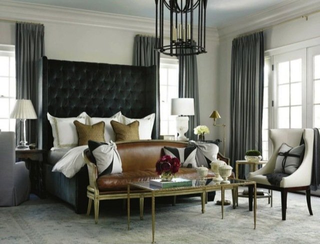 Trendfarver-seng-sort-polstret sengegavl-moderne-soveværelse farver