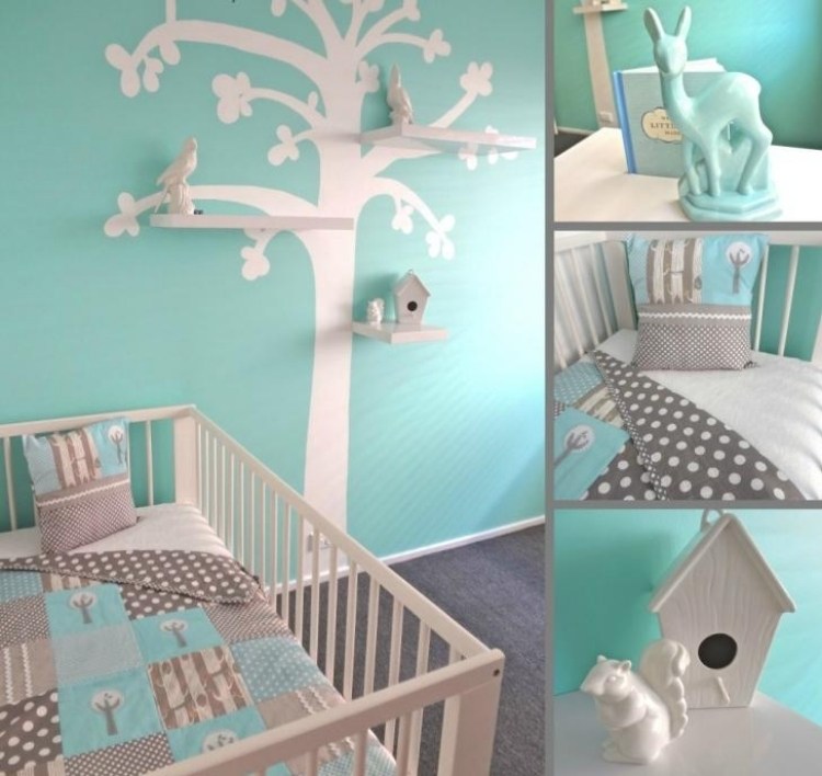 Vægmaling mintgrøn-baby værelse-baby seng-træ-væg dekoration-væg-tatovering-fugle-hvid