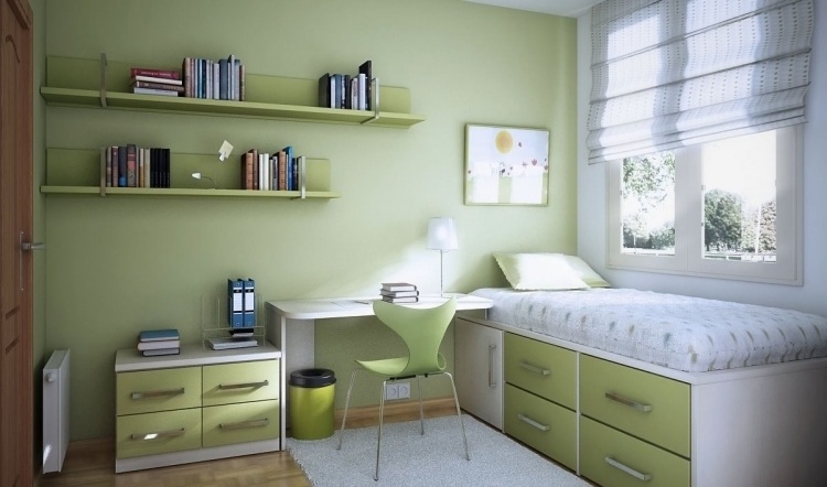 væg farve-mintgrøn-børneværelse-seng-skrivebord-vindues-skuffer-funktionelle hylder