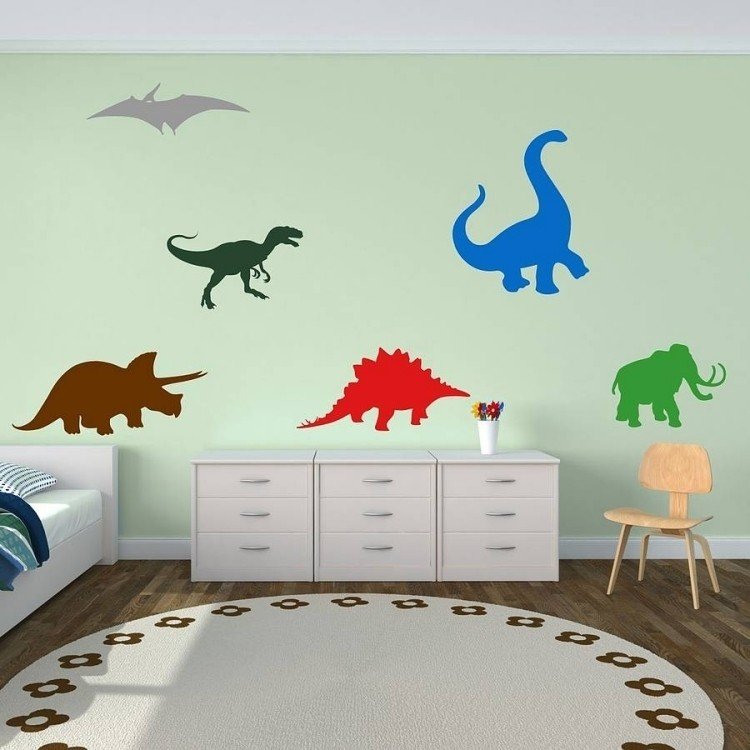 Vægfarve mintgrøn-børneværelsesdesign-dinosaur-kommode-tæppe-rund