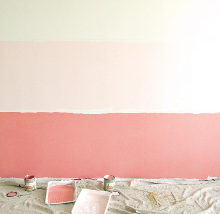 Væg-design-gør-det-selv-farve-gradient-maling-fersken-mørk-pink