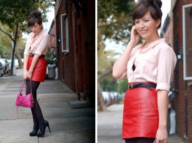 sort-strømpebukser-læder-nederdel-med-lys-pink-bluse