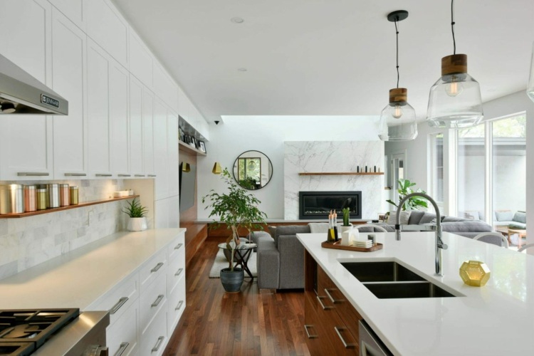 hvidt køkken-åbent-opholds-område-planter-dekoration-belysning-gas-komfur