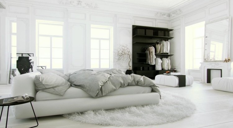 Hvide soveværelsesmøbler -stil-design-minimalistisk-polstring-sort-skab-hylde-vindue-højt til loftet