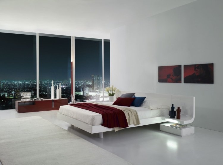 Hvide soveværelsesmøbler -stil-design-minimalistisk-røde-detaljer-vindue-by-aften-udsigt