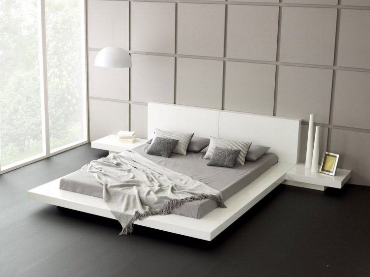 Hvide soveværelsesmøbler -stil-design-minimalistisk-hængende seng-hængende lampe-natkonsol-grå-sengelinned