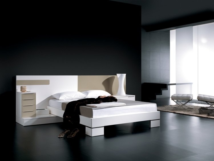 Hvide soveværelsesmøbler -stil-design-minimalistisk-sort-mat-væg-sengen-konsol-beige