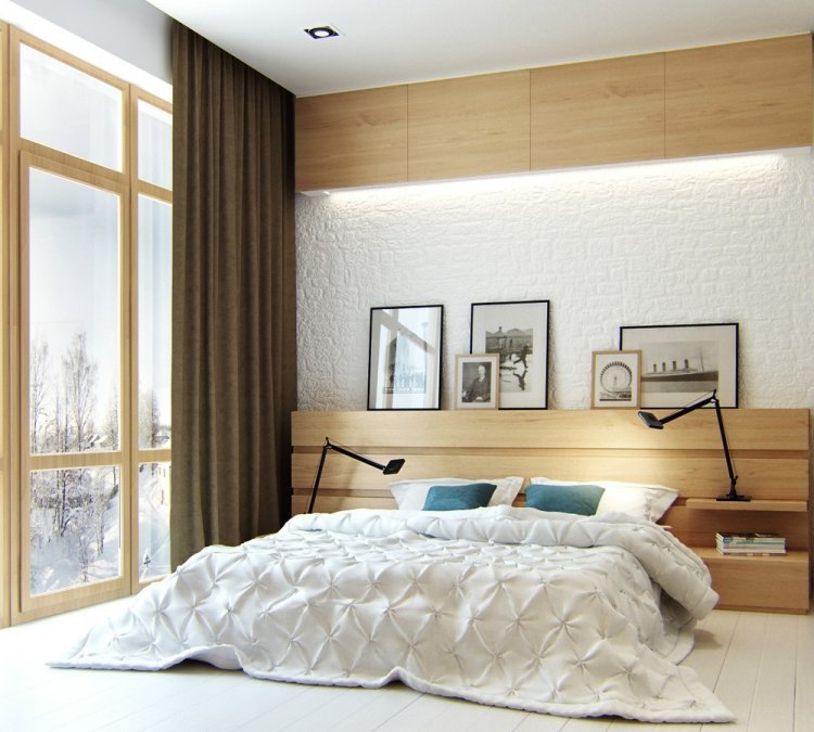 hvide soveværelser-møbler-stil-design-minimalistisk-træ-væg-billeder-sort-hvide-vinduer
