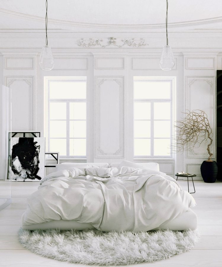 hvidt soveværelse-møbler-stil-design-industrielt-design-paris-lejlighed-højt til loftet-billede-sort-enkelt