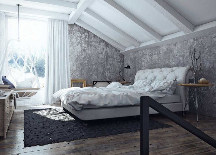 hvidt soveværelse-møbler-stil-design-industrielt-design-grå-hængende stol-polstring-sengegavl-skråt tagvindue