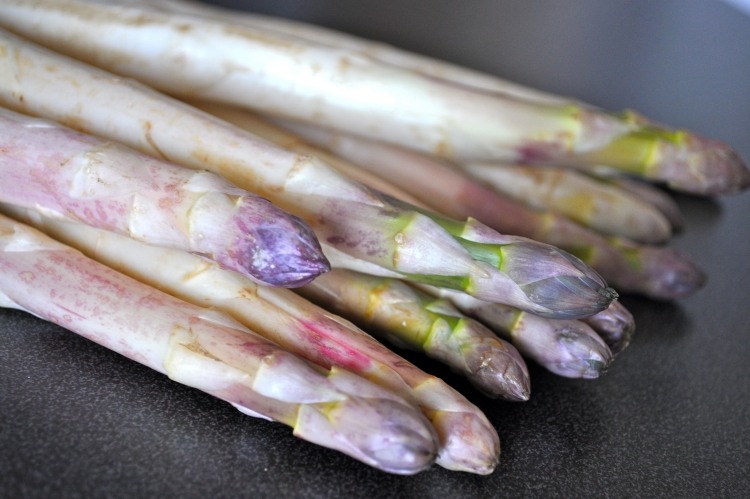 Voksende asparges -hvide-violette-tips-lækker-madlavning-grøn-planter-høst