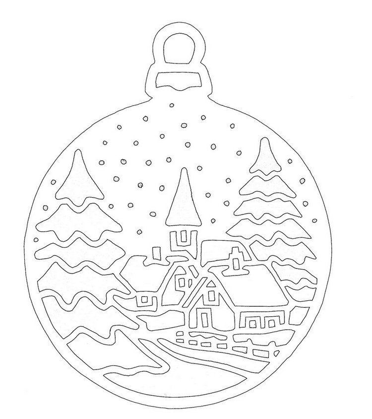 Papirskåret skabelon julelandskab grantræer huser sne