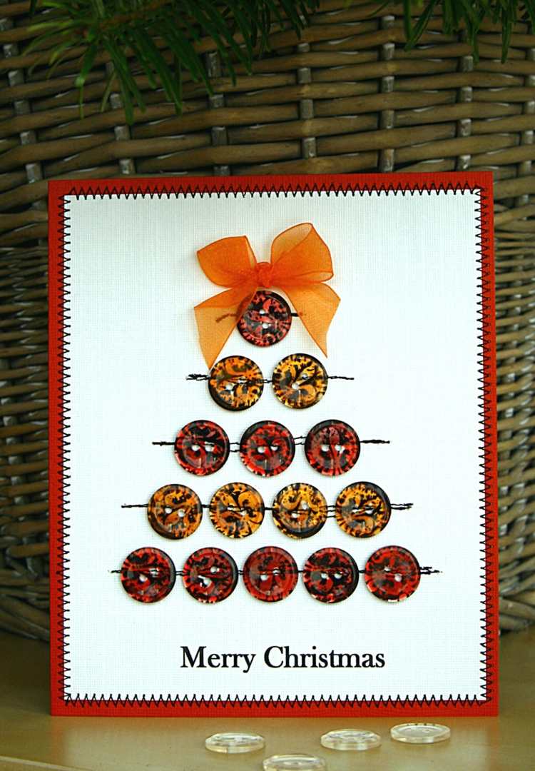 tinker julekort selv juletræ idé original rød orange knap mønster