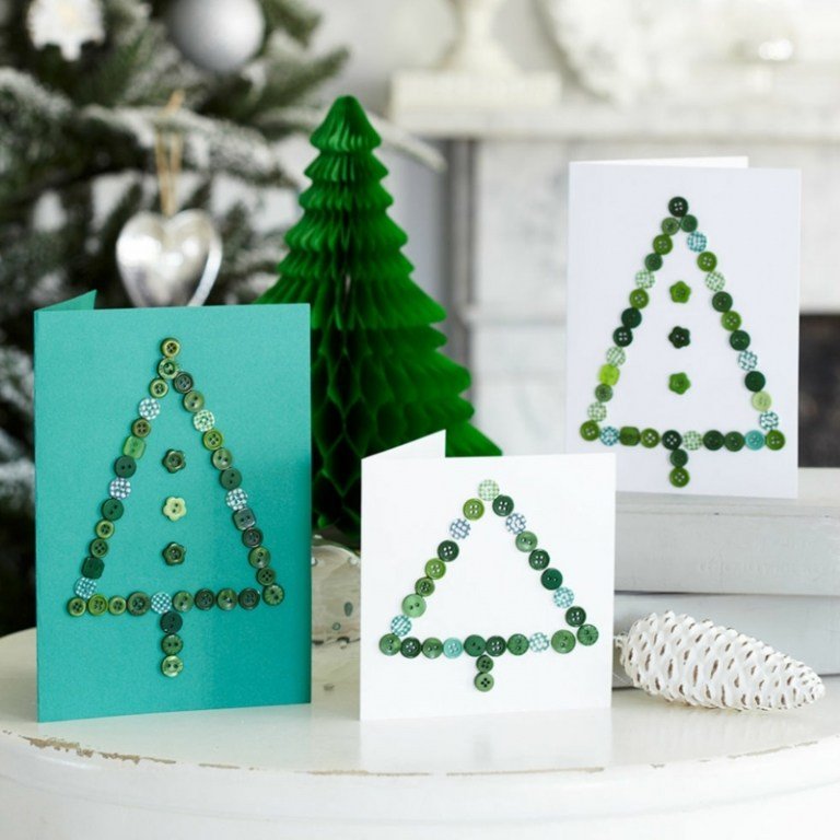 lav dine egne julekort grantræer grønne nuancer knapper fyrretræer hvide