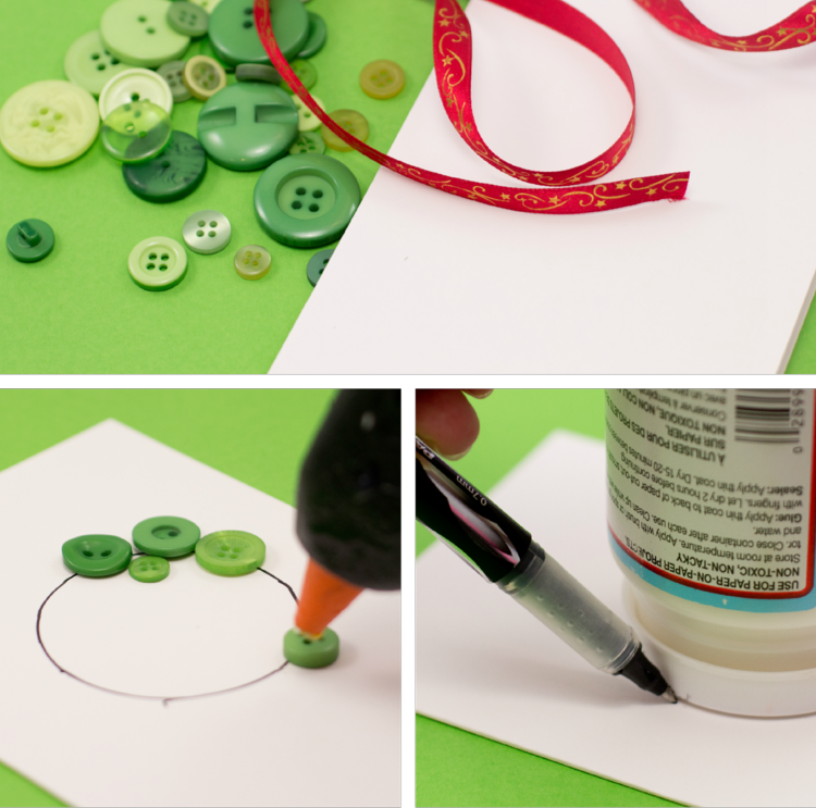 tinker dig selv julekort krans grøn knap collage cirkel tegning
