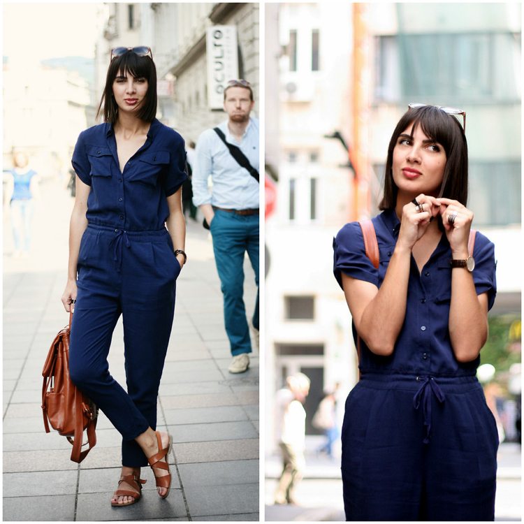 hvilke sko der skal bruges med en mørkeblå jumpsuit i sommer cognac flade sandaler