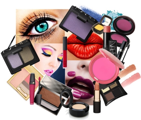 kosmetiske produkter collage læbestifter lipgloss øjenvipper pensel pulver rødme