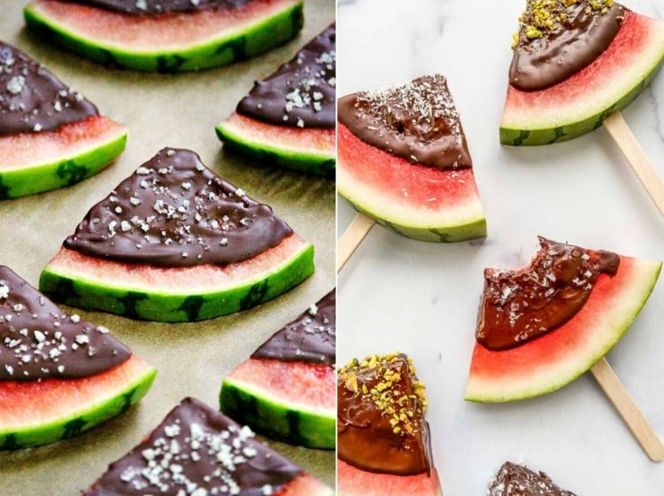 Server melonen som dessert med chokolade og salt, nødder eller tørret kokos