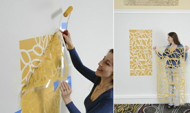 Vægmaling gul hvid påfør vægstencil pensel