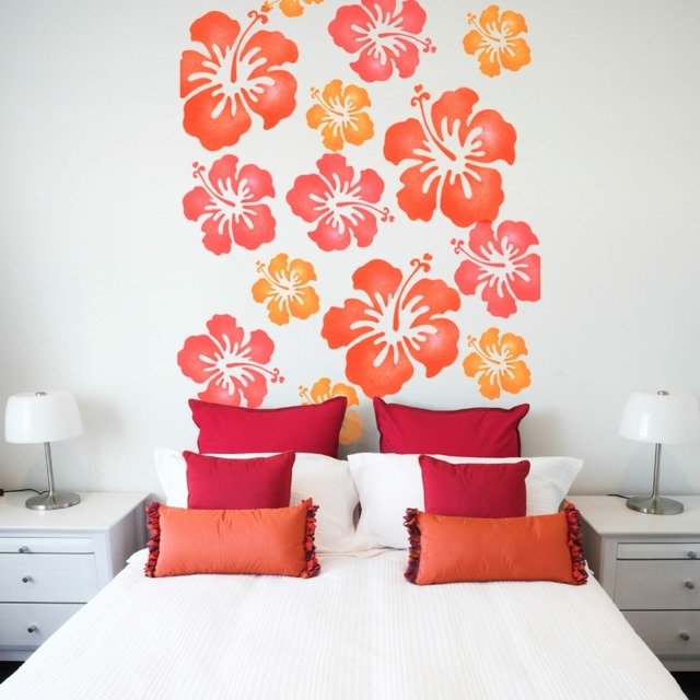 Blomstermønster soveværelse vægmaleri ideer billeder orange pink gul