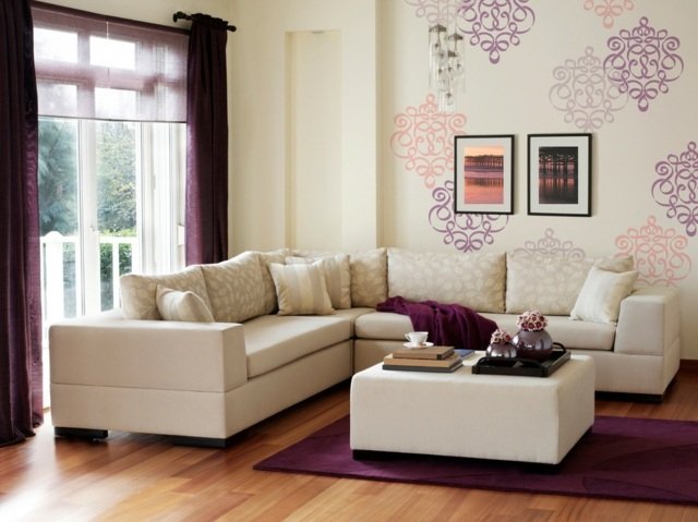 maling ideer lilla væggardiner sofa lys beige