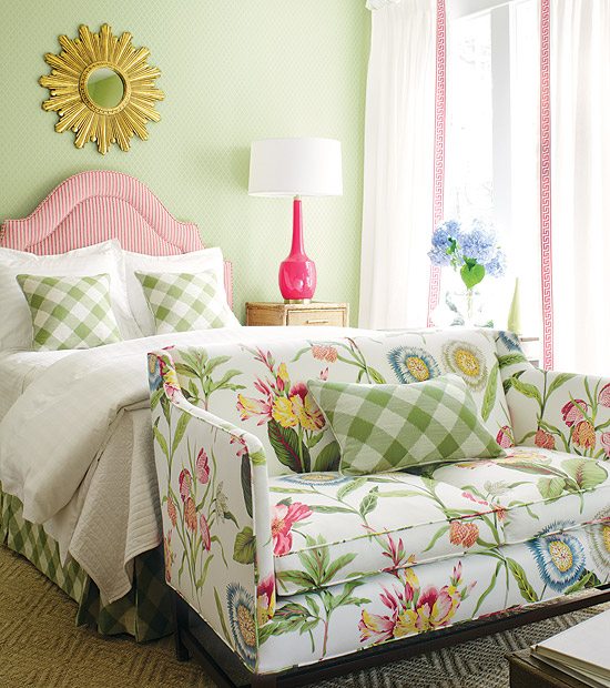forårsindretning ideer soveværelse sofa grøn