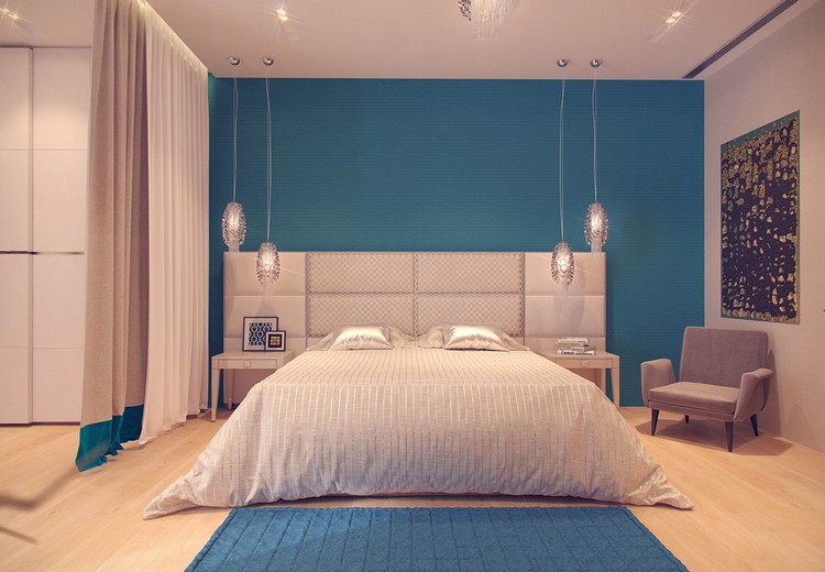 levende-ideer-farve-design-soveværelse-hav-blå-hvid-seng-krystal-vedhæng-lamper