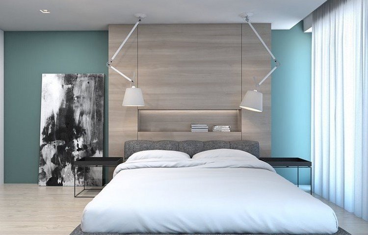 Levende ideer til farvedesign soveværelse-salvie-grønt-lyst-træ-gråt betrukket seng