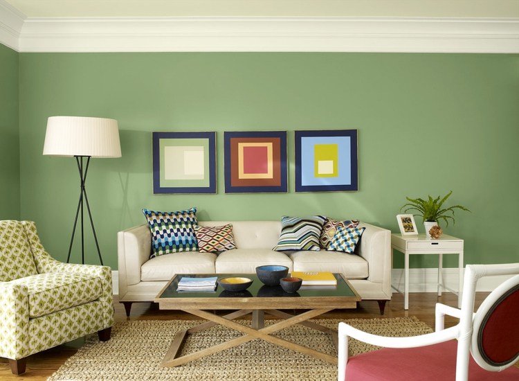 levende ideer til at male grønne vægdesignbilleder beige sofa
