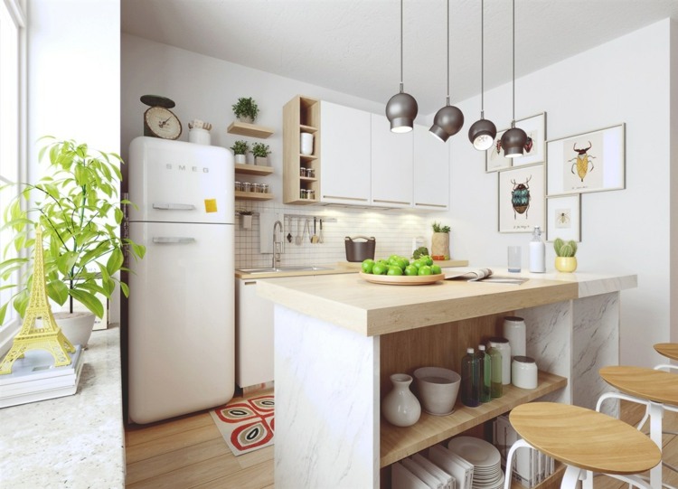 design-lejlighed-møbler-hvidt-træ-lyst-køkken-ø-åben-design-hylde