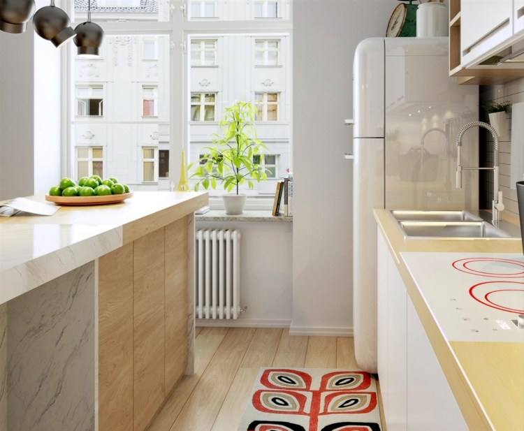 design-lejlighed-rød-mønster-tæppe-marmor-køkken-retro-køleskab