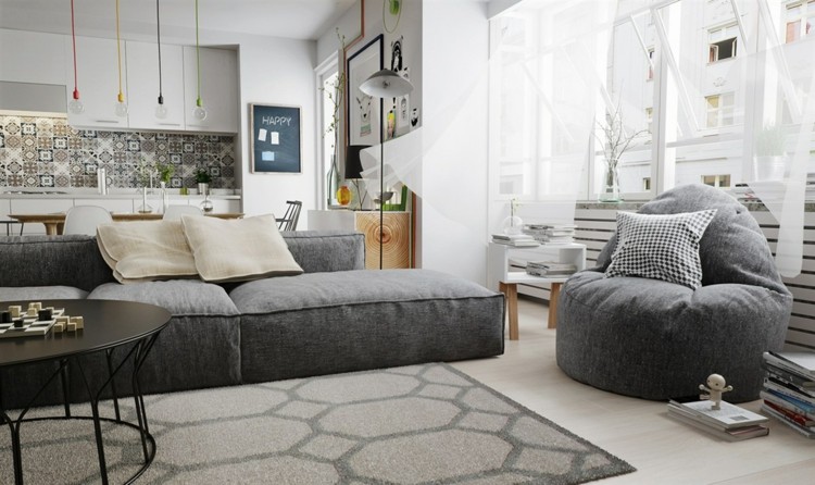 design-lejlighed-grå-toner-interiør-design-lænestol-komfort-tæppe-honningkage-mønster