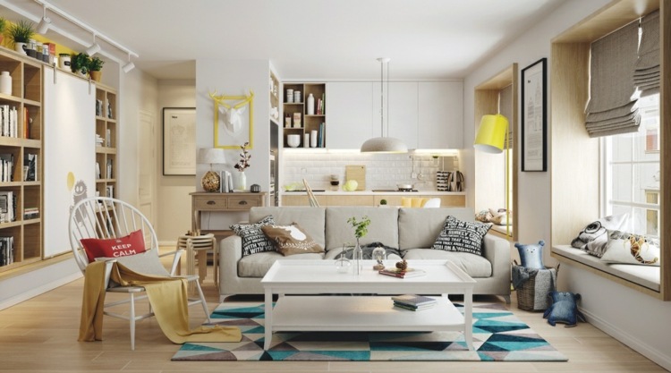 design lejlighed accenter-farverige-stue-tæppe-geometrisk-mønster-gul-blå