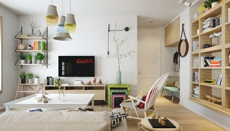 design-lejlighed-indbygget-i-hylde-træ-lamper-design-sofabord