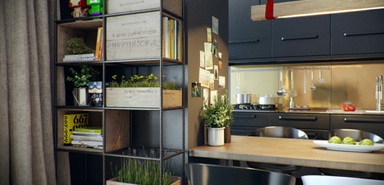 design-lejlighed-have-indvendig-hylde-industriel-accent-metal-køkken-sort